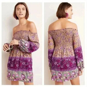 Anthropologie Raga Faye Off-The-Shoulder Dress Size XS Smocked Purple Cottage